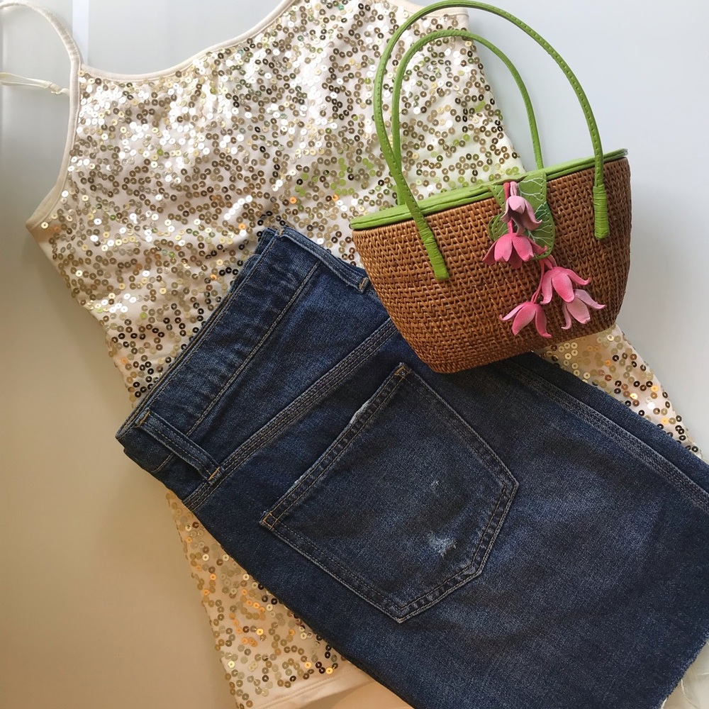 Gold and Cream Sequin Spaghetti Strap Tank Top